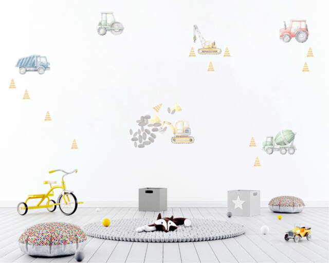 Watercolor Construction Vehicle Wall Decals Truck, Crane, Tractor Nursery Decor - image 1