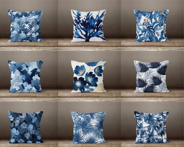 Blue Flowers Cushion Cover-Navy Throw Pillow Case-Decorative Printed Cover-Home Decor Case-Gift Cushion For Her - image 1