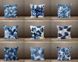 Blue Flowers Cushion Cover-Navy Throw Pillow Case-Decorative Printed Cover-Home Decor Case-Gift Cushion For Her - thumbnail 1
