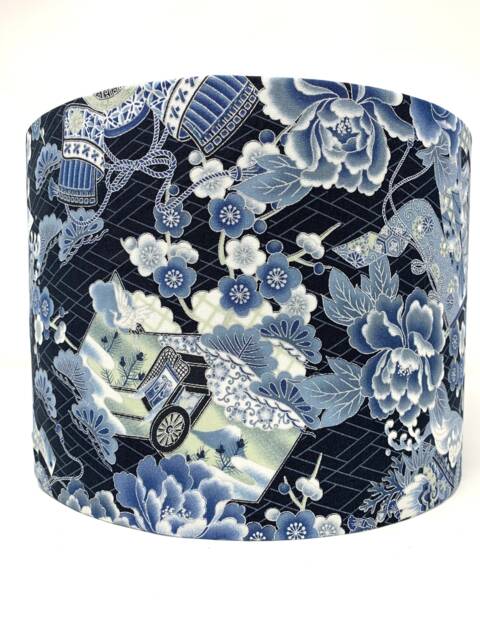 Japanese Kenzan Lampshade Blue Silver Floral Cotton Drum Shade - image 1
