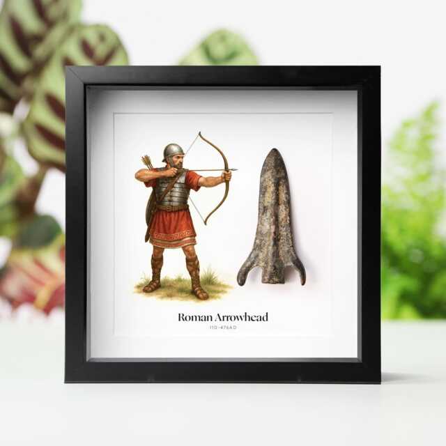 Collectible Framed Authentic Bronze Age Roman Military Arrowhead With Illustration Wall-Hanging Deep Box Frame - image 1
