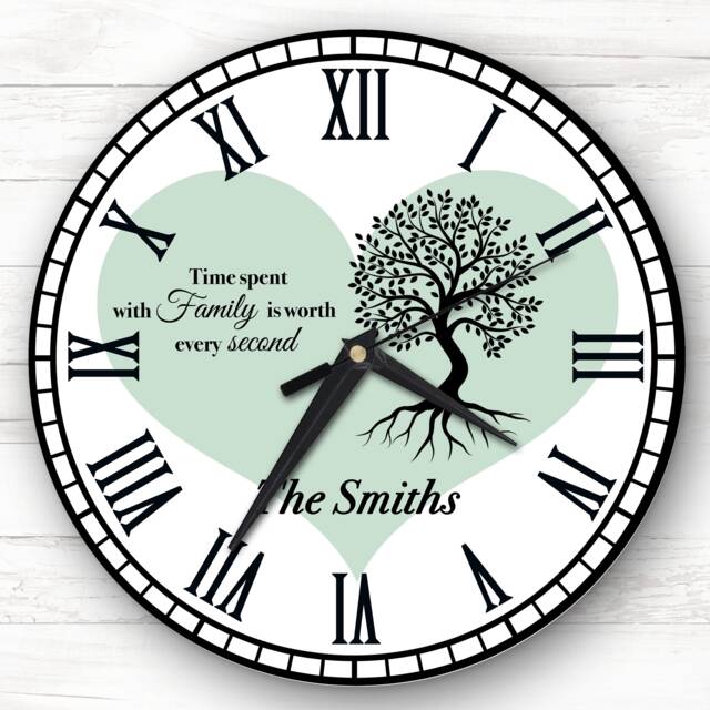 Family Tree Black Silhouette Heart Green Personalised Gift Clock - image 1