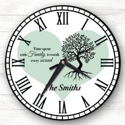 Family Tree Black Silhouette Heart Green Personalised Gift Clock