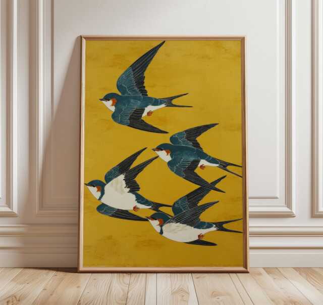 Swallow Birds Poster, Japanese Art Print, Yellow & Blue Wall - image 1