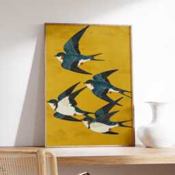 Swallow Birds Poster, Japanese Art Print, Yellow & Blue Wall - thumbnail 2