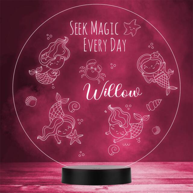 Cute Little Mermaids Sea Life Round Personalised Gift Any Colour Led Night Light - image 1