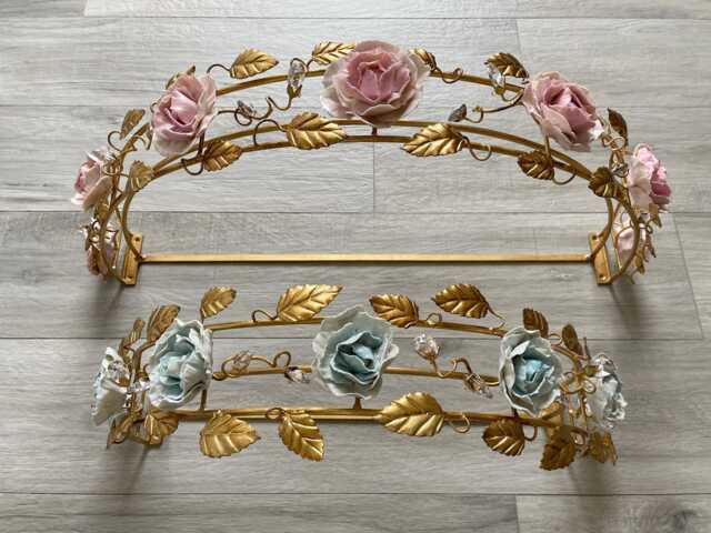 Made in Italy Gold Bed Canopy Wrought Iron & Fine Pink Or Clear Blue Porcelain Peonies Crystals - image 1