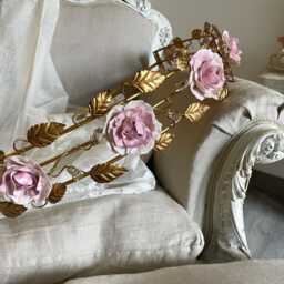 Made in Italy Gold Bed Canopy Wrought Iron & Fine Pink Or Clear Blue Porcelain Peonies Crystals - thumbnail 2