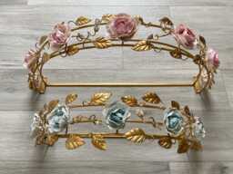 Made in Italy Gold Bed Canopy Wrought Iron & Fine Pink Or Clear Blue Porcelain Peonies Crystals - thumbnail 1