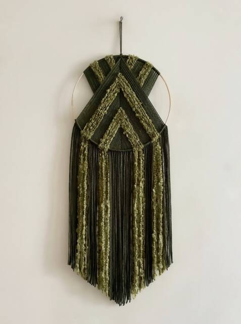 Green Yarn Hoop Wall Hanging, Modern Macrame Decor - image 1