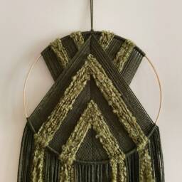 Green Yarn Hoop Wall Hanging, Modern Macrame Decor - thumbnail 2