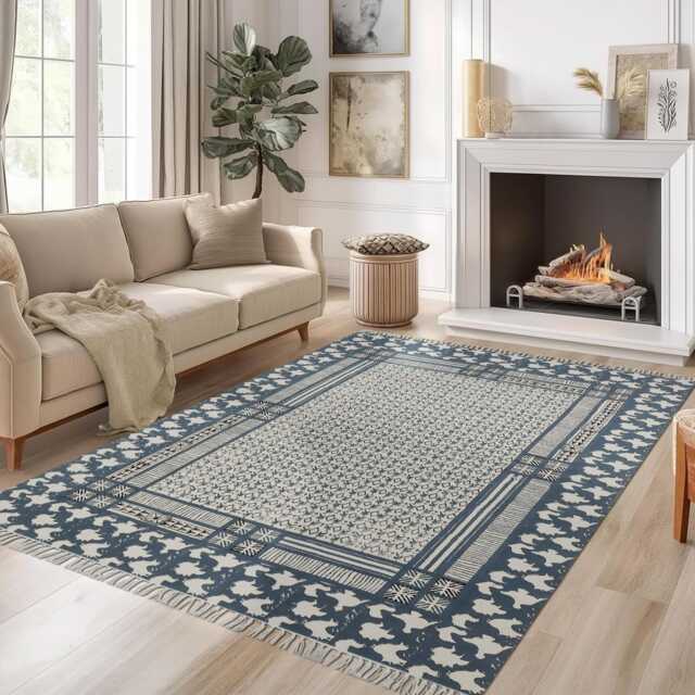 Handmade Block Printed Cotton Rug Blue Beige Boho Area Rug - image 1
