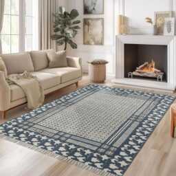 Handmade Block Printed Cotton Rug Blue Beige Boho Area Rug - thumbnail 1