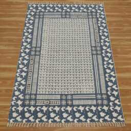 Handmade Block Printed Cotton Rug Blue Beige Boho Area Rug - thumbnail 3