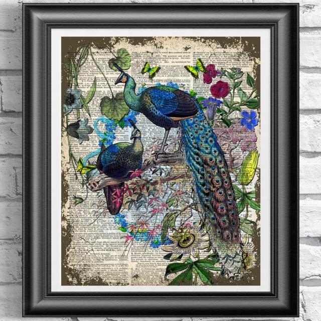 Peacocks & Flowers Art Print, Dictionary Unique Wall Decor, Art