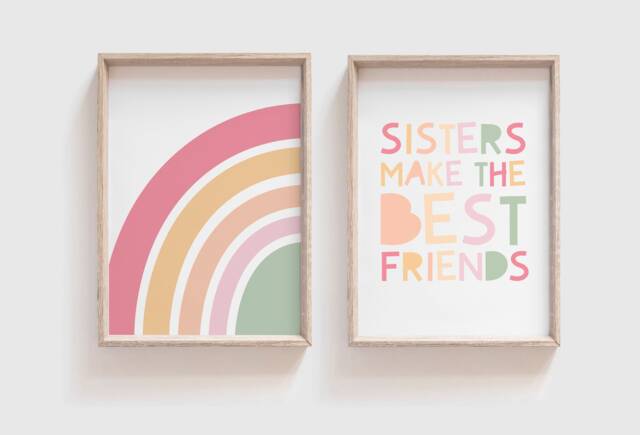 2 Sister Prints, Girls Nursery Bedroom Rainbow Wall Art, Poster, Pastel Colour - image 1