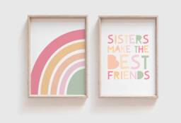 2 Sister Prints, Girls Nursery Bedroom Rainbow Wall Art, Poster, Pastel Colour - thumbnail 1