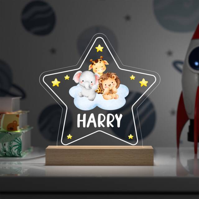 Jungle Safari Night Light, Printed Name Star Sign, Baby Gift, Nursery Decor, Boy Girl Nursery, Lion Elephant - image 1