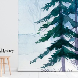 Winter Forest Watercolor Removable Wallpaper, Peel & Stick, Forest, Wall Decal, Classic, Nursery Repositionable, Painting #10 - thumbnail 2