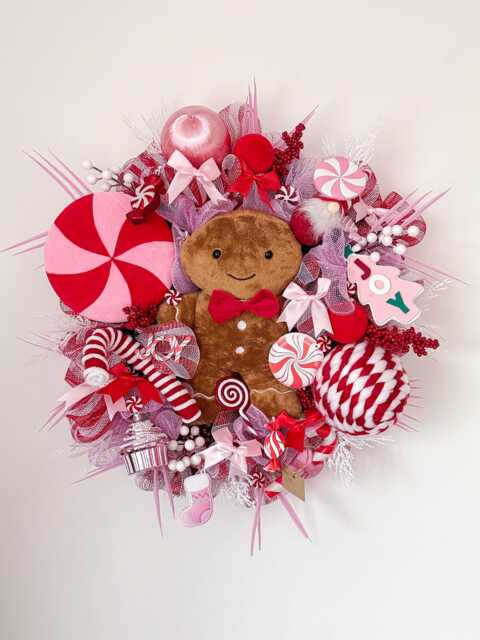 Candy Cane Pink & Red Gingerbread Man Wreath, Outdoor Christmas Wreath - image 1