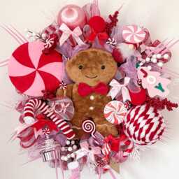 Candy Cane Pink & Red Gingerbread Man Wreath, Outdoor Christmas Wreath - thumbnail 2