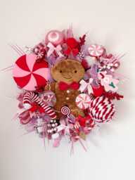 Candy Cane Pink & Red Gingerbread Man Wreath, Outdoor Christmas Wreath