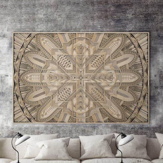 Glint Wood Wall Hanging, Large Geometric Mandala Laser Cut Panel, Modern Office Interior Decoration - image 1