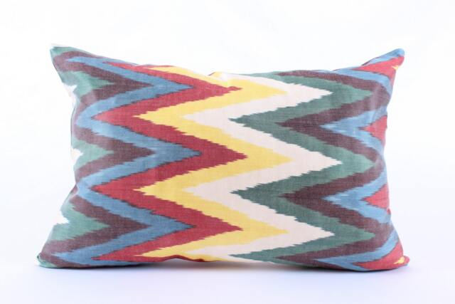 Ikat Silk Velvet Pillow 16x24 - Handmade Boho Cushion Cover Turkish Home Decor Accent - image 1