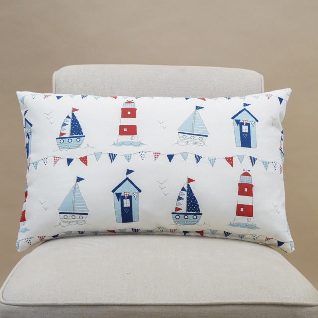 Nautical Seaside Xl Rectangular Cushion. Sail Boats, Yachts, Lighthouses, Beach Huts. 100% White Cotton. Marine Red & Blue. 23X15 - image 1