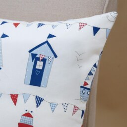 Nautical Seaside Xl Rectangular Cushion. Sail Boats, Yachts, Lighthouses, Beach Huts. 100% White Cotton. Marine Red & Blue. 23X15 - thumbnail 2