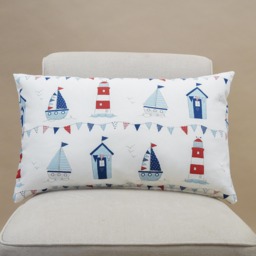 Nautical Seaside Xl Rectangular Cushion. Sail Boats, Yachts, Lighthouses, Beach Huts. 100% White Cotton. Marine Red & Blue. 23X15 - thumbnail 1