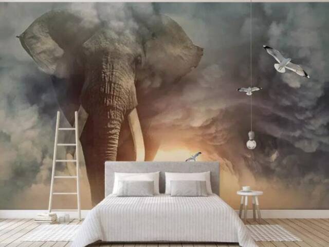 3D Elephant Wallpaper, Cloud & Seagull Wall Mural, Peel & Stick - image 1