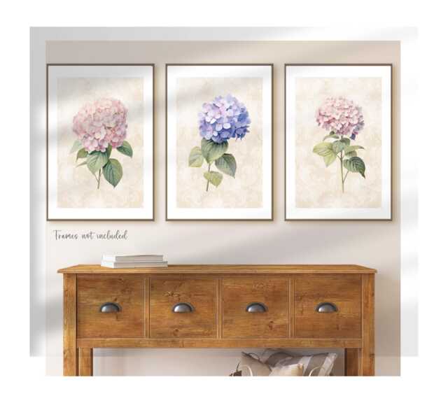 Hydrangea Flower Prints, Set Of 3 Floral Pink & Beige Wall Art Prints Bedroom Posters Living Room Wall Art Damask Prints - image 1