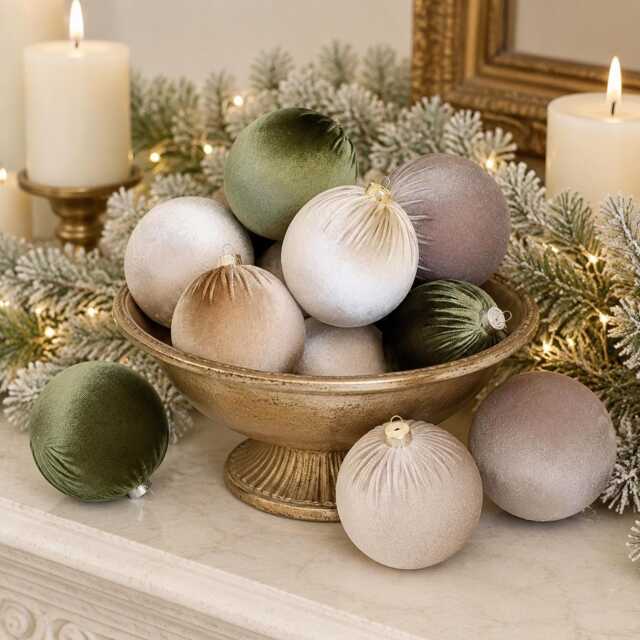 12 Green & Beige Velvet Christmas Balls Holiday Tree Ornaments - image 1