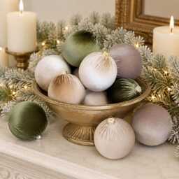 12 Green & Beige Velvet Christmas Balls Holiday Tree Ornaments