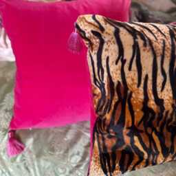 Handmade Velvet Tiger Print Cushion With Hot Pink & Silk Tassels, Brass Zip, Pillow Insert Included, Throw - thumbnail 2
