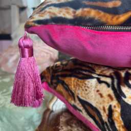 Handmade Velvet Tiger Print Cushion With Hot Pink & Silk Tassels, Brass Zip, Pillow Insert Included, Throw - thumbnail 3