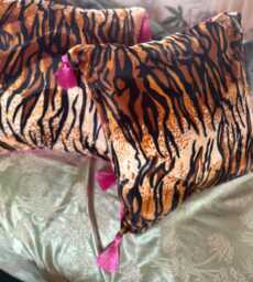 Handmade Velvet Tiger Print Cushion, Hot Pink Silk Tassels, Pillow Insert Included