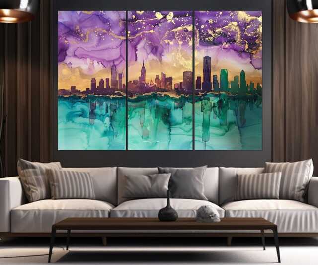 Abstract New York Painting Canvas Print, Skyline, Watercolor Manhattan Wall Art, Poster, Framed & Ready To Hang - image 1