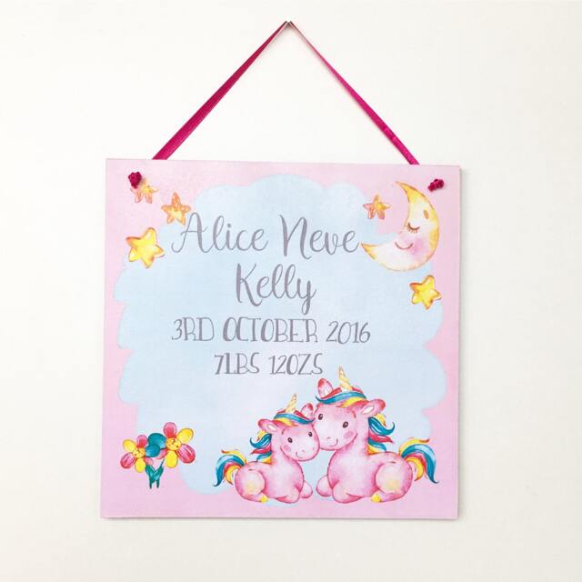 Personalised Unicorn Plaque, Birth Announcement, Girls Bedroom Sign, Nursery, Wall Art, New Baby - image 1