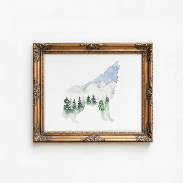 Watercolor Wolf Print Mountain Silhouette Nursery Art - image 1