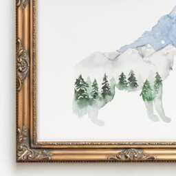 Watercolor Wolf Print Mountain Silhouette Nursery Art - thumbnail 2