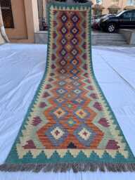 Handwoven Afghan Chobi Kilim Runner Multicolor Geometric Wool Rug - 9.7x2.7 Ft - thumbnail 1
