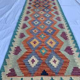 Handwoven Afghan Chobi Kilim Runner Multicolor Geometric Wool Rug - 9.7x2.7 Ft - thumbnail 2