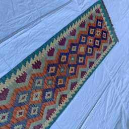 Handwoven Afghan Chobi Kilim Runner Multicolor Geometric Wool Rug - 9.7x2.7 Ft - thumbnail 4