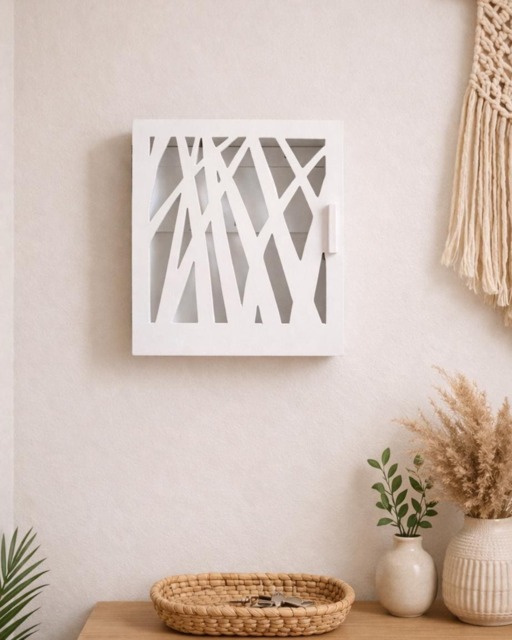 White Wooden Key Box Cabinet, Nature Inspired Design - image 1