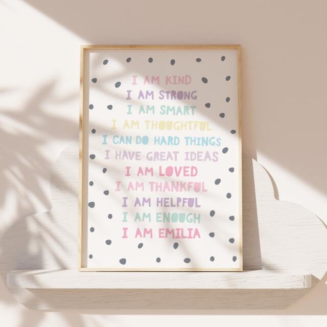 Girls Personalised Affirmation Print, Bedroom Decor, Pastel Colours, Rainbow Wall Art, Positive Prints, Nursery, Playroom Decor - image 1