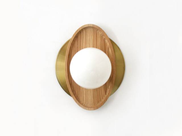 White Oak & Brass With Opal Glass Globe Sconce Flush Mount Light Kitchen Wall Fixture Foyer Bathroom Lamp - image 1