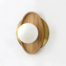 White Oak & Brass With Opal Glass Globe Sconce Flush Mount Light Kitchen Wall Fixture Foyer Bathroom Lamp - thumbnail 2