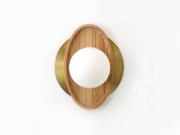 White Oak & Brass With Opal Glass Globe Sconce Flush Mount Light Kitchen Wall Fixture Foyer Bathroom Lamp - thumbnail 1